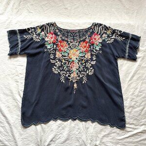 Johnny Was Embroidered Top Cupra Rayon Floral Blouse Navy Blue Size Small
